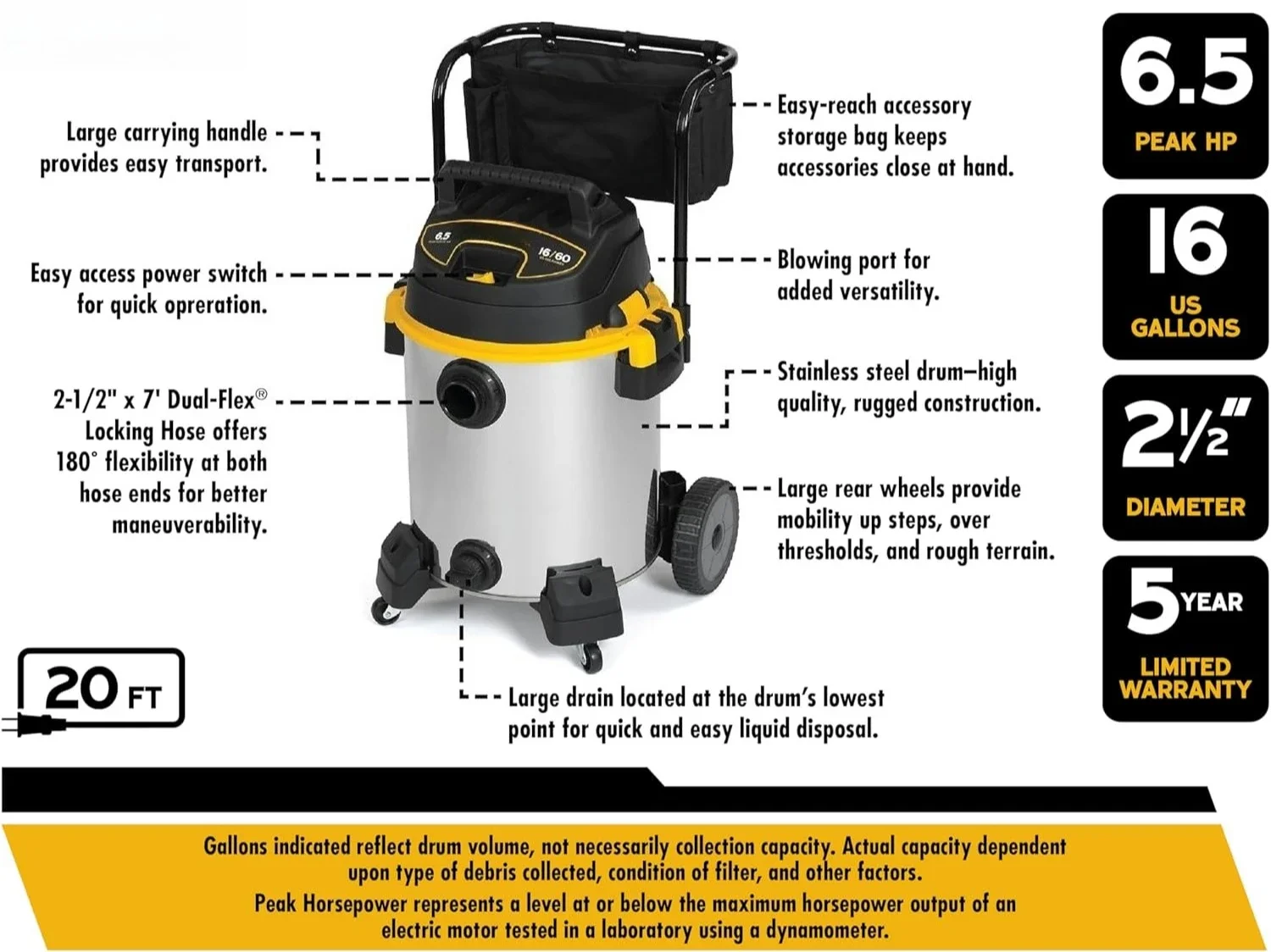 ZZC-16-Gallon 6.5 Peak HP مكنسة كهربائية رطبة وجافة من الفولاذ المقاوم للصدأ مع فلتر، كيس غبار، خرطوم، مرفقات وعربة ثقيلة #4