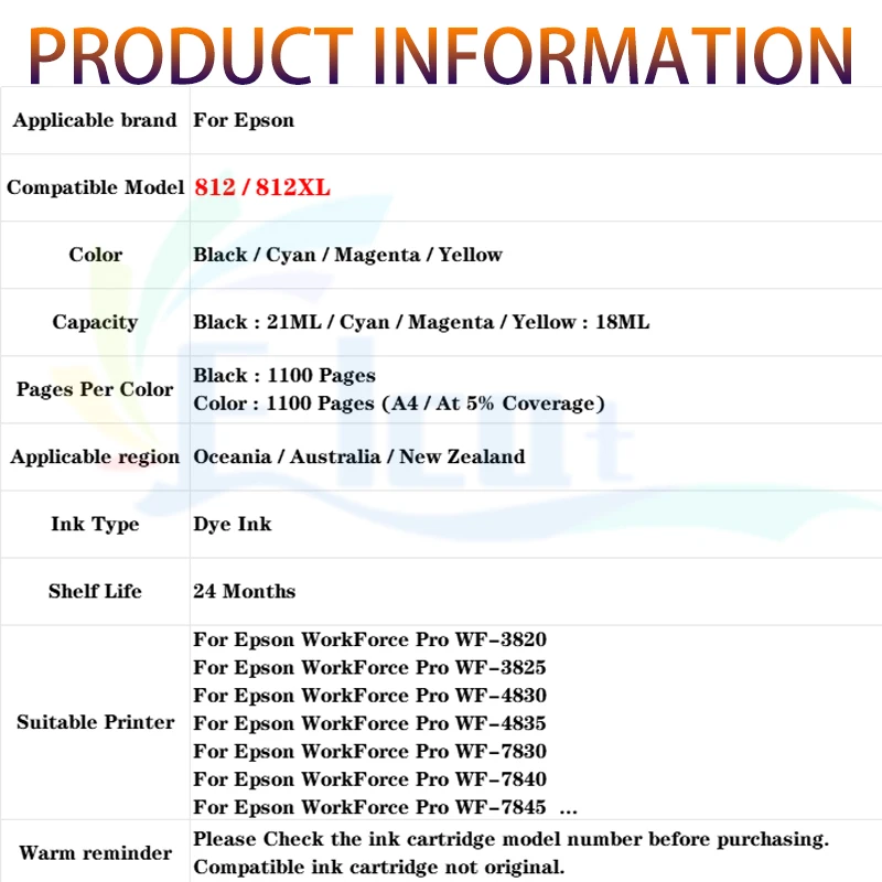 812 812XL Wkład Atramentowy Kompatybilny z Epson 812 812XL Do Drukarek Epson WF-3820 WF-3825 WF-4830 WF-4835 WF-7830 WF-7840 7845 — zdjęcie produktu 6