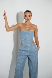 Feilandy Sexy Sequins Strapless Tanks Loose Pants Sets Women's Fashion 2 Piece Skirts Sets Female Luxury Party Club Chic Outfits