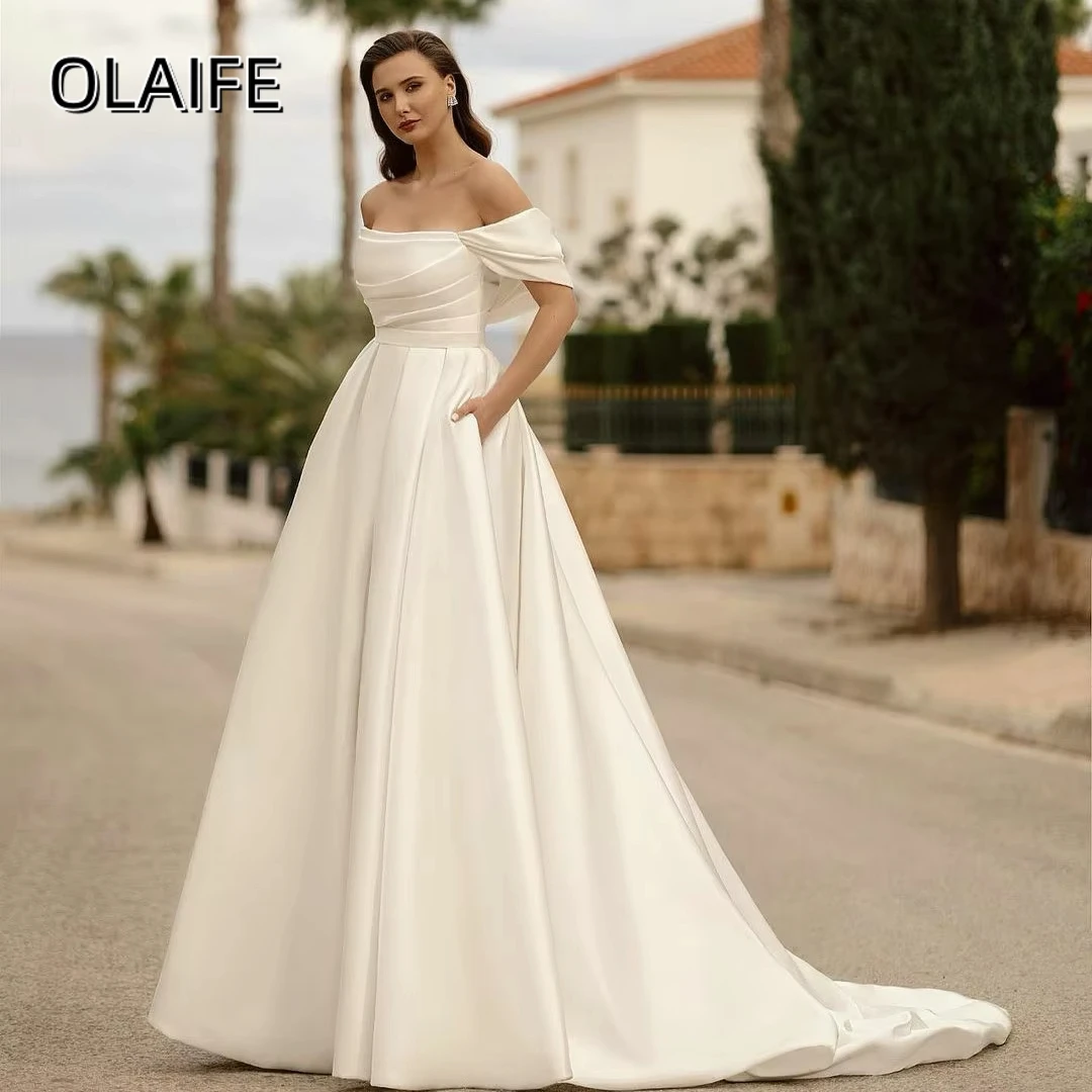 Elegant Long Off Shoulder Satin Wedding Dresses With Pockets A-Line Pleated Sweep Train Lace Up Customized Vestidos de novia