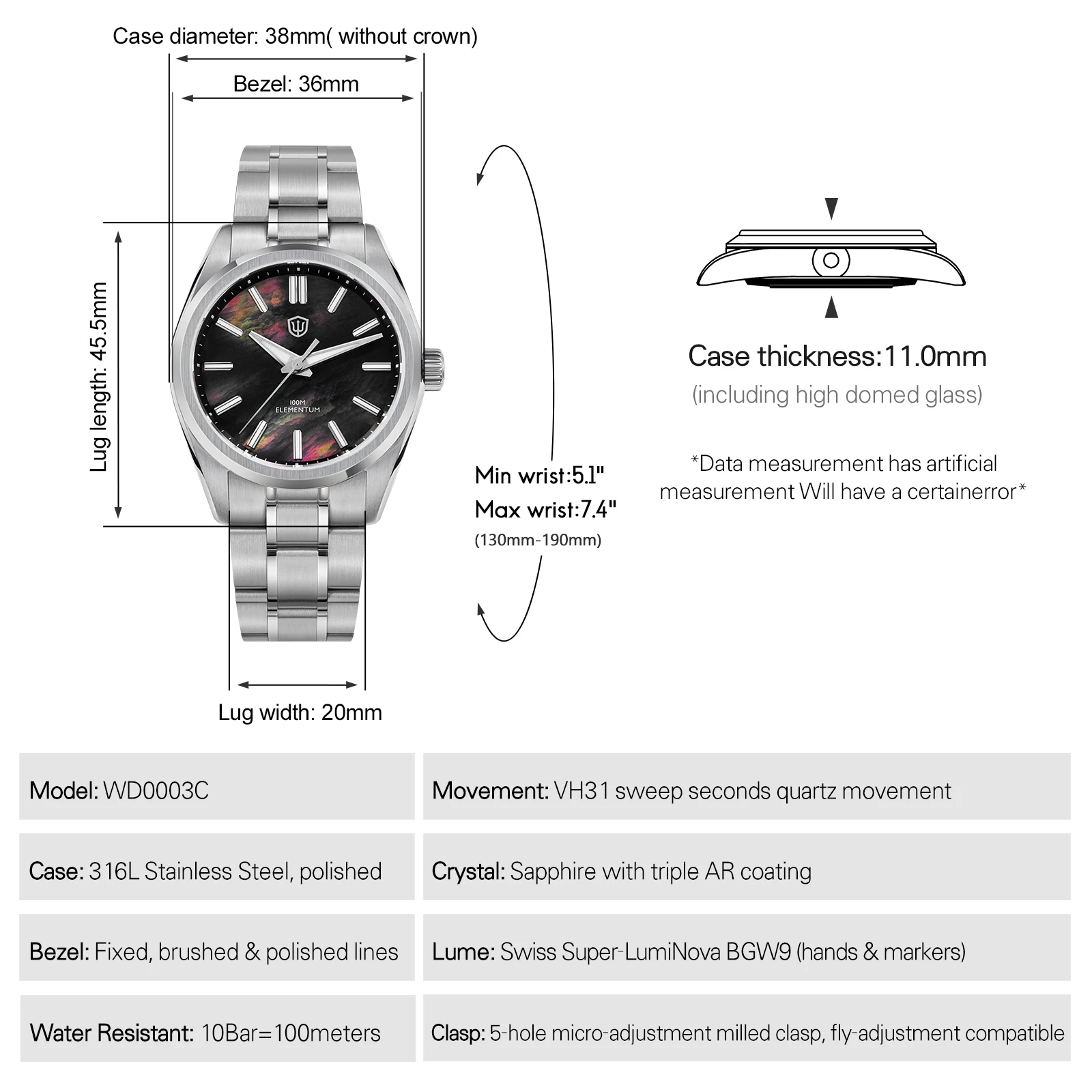 Watchdives WD0003C ساعة كوارتز VH31 سويب ثانية حركة 38 مللي متر كراك الجليد الهاتفي الياقوت مضيئة 100 متر مقاوم للماء ساعة اليد الرجالية #3