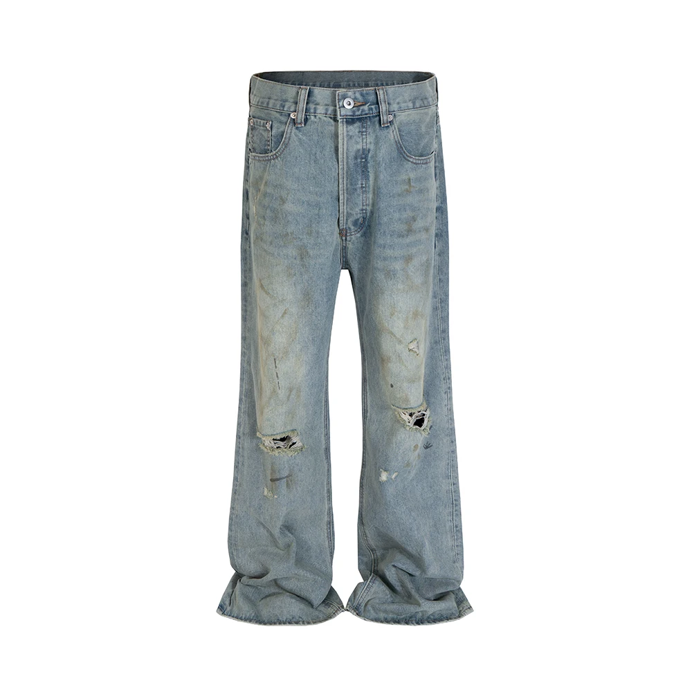 

Ripped Hole Washed Blue Mud Dyed Baggy Jeans for Men and Women High Street Distressed Casual Overalls Loose Denim Trousers