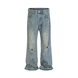 Ripped Hole Washed Blue Mud Dyed Baggy Jeans for Men and Women High Street Distressed Casual Overalls Loose Denim Trousers