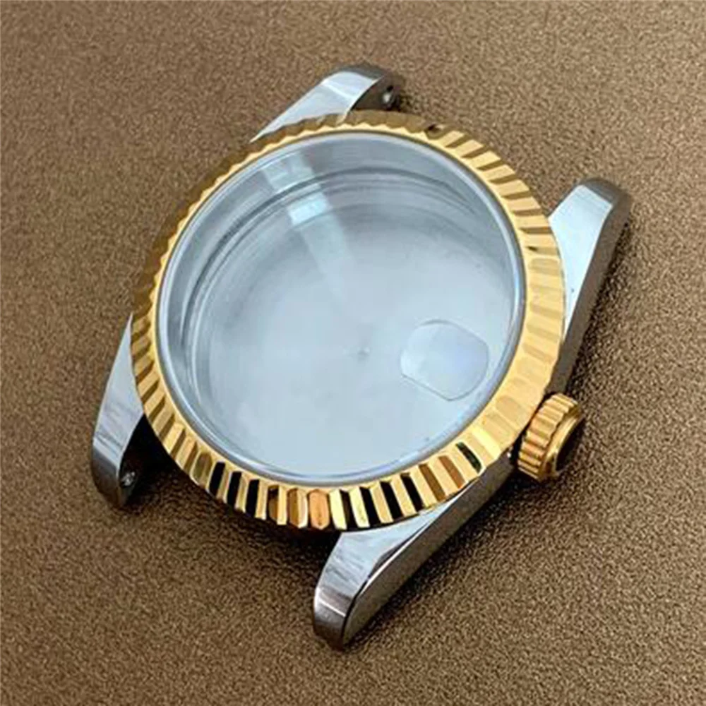 

36mm Men Watch Case Golden Inclined/ Fluted Bezel Sapphire Glass with Cyclops Lens for NH35/NH36/4R Automatic Movement