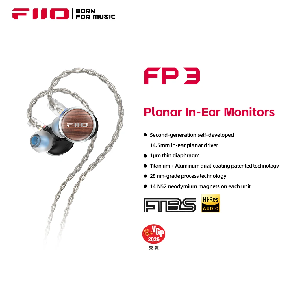 FiiO FP3 HiFi 14.5mm Planar Diaphragm Driver in Ear Earphone, wood faceplate, 0.78mm 2pins cable for for Audiophile Musician