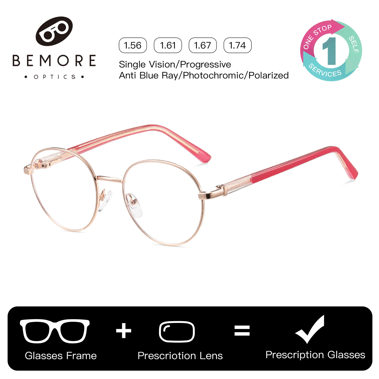 

BEMORE Teen Round Metal Alloy Progressive Multifocal Glasses Anti-Blue Light Photochromic Optical Eyeglasses for Girls