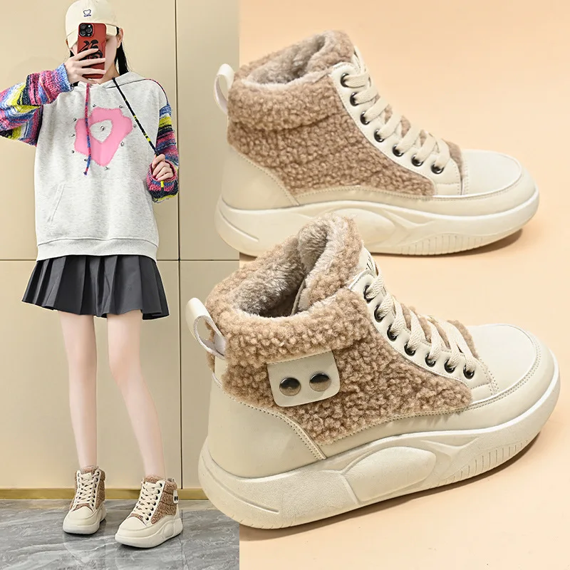 

Disney Fleece-Lined High-Top White Shoes for Women 2025 Winter New: Student Ins Korean Style Warm Casual Height-Increasing Boots