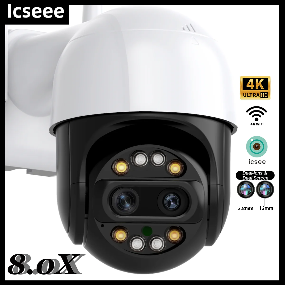 

iCsee 128G WiFi Camera Dual Lens 4K Outdoor Surveillance IP CCTV Camera 8.0X Digital Zoom Two-Way Audio Color Night Vision