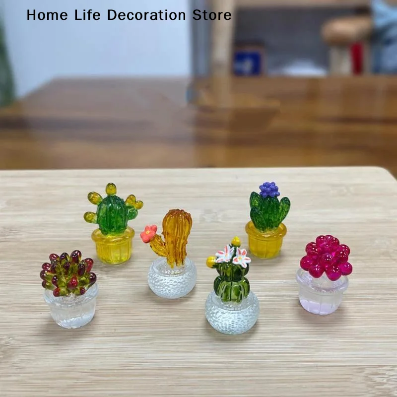 【H】Cartoon Cactus Bonsai Decor Transparent Fleshy Resin Crafts Realistic Simulated Mini Cactus Home Decor