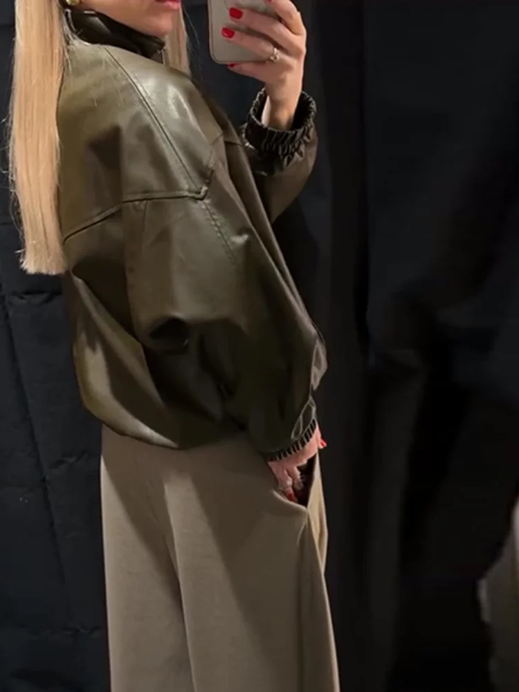 Giacca da donna in PU con colletto alla coreana Giacche casual in ecopelle con cerniera a maniche lunghe allentate 2026 Spring Street Lady Novità in capispalla