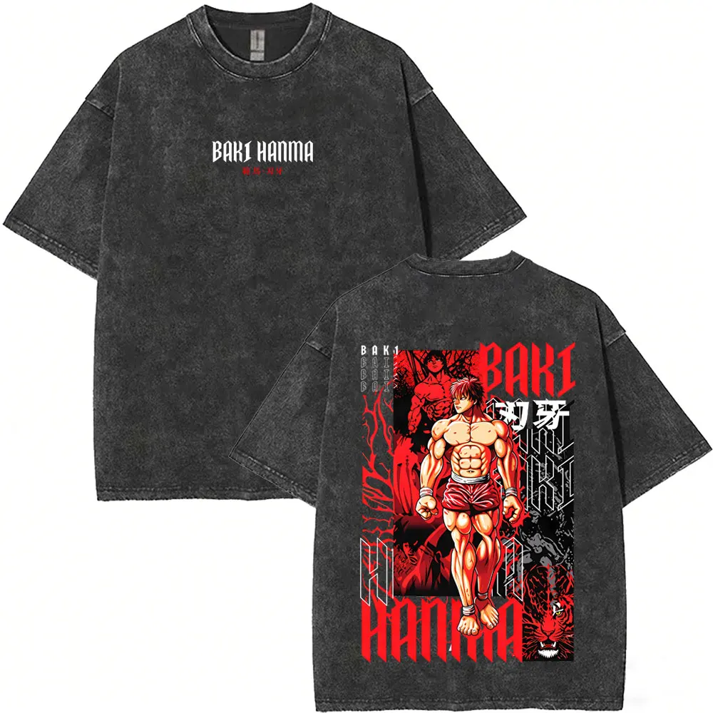 Washed Vintage Anime Baki Hanma Graphic T-shirts Men Women Manga Oversized Short Sleeve T-shirt Male Casual Retro Cotton T Shirt