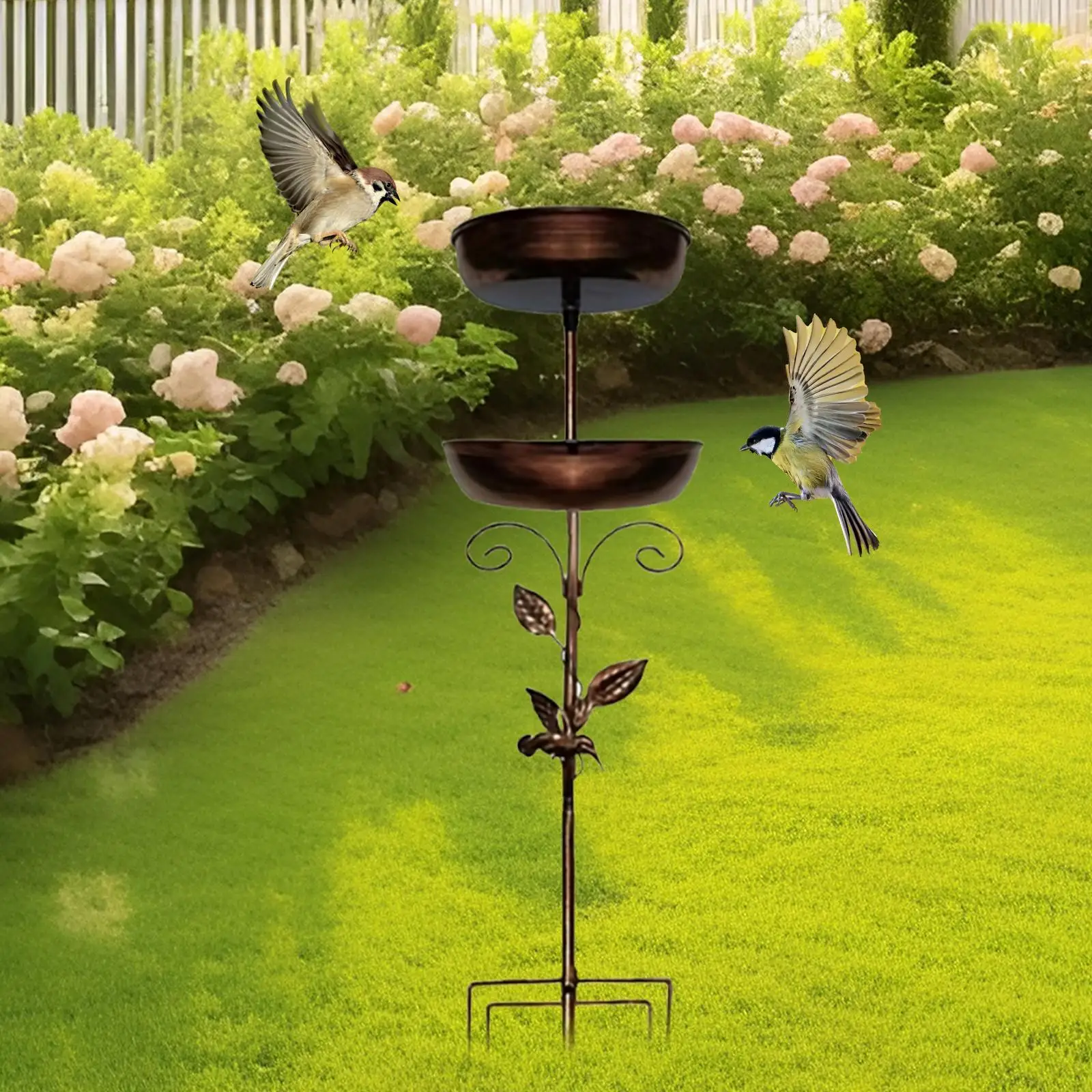 

Metal Bird Bath Birdfeeder Double Layer Gifts Ornament 37 inch Bird Feeder with Stake for Yard Outdoors Outside