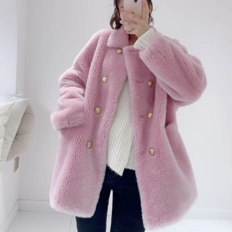 2023 Winter New Women Imitation Fur Coat Mid length version double-breasted outwear loose warm parkas fashion casual outcoat