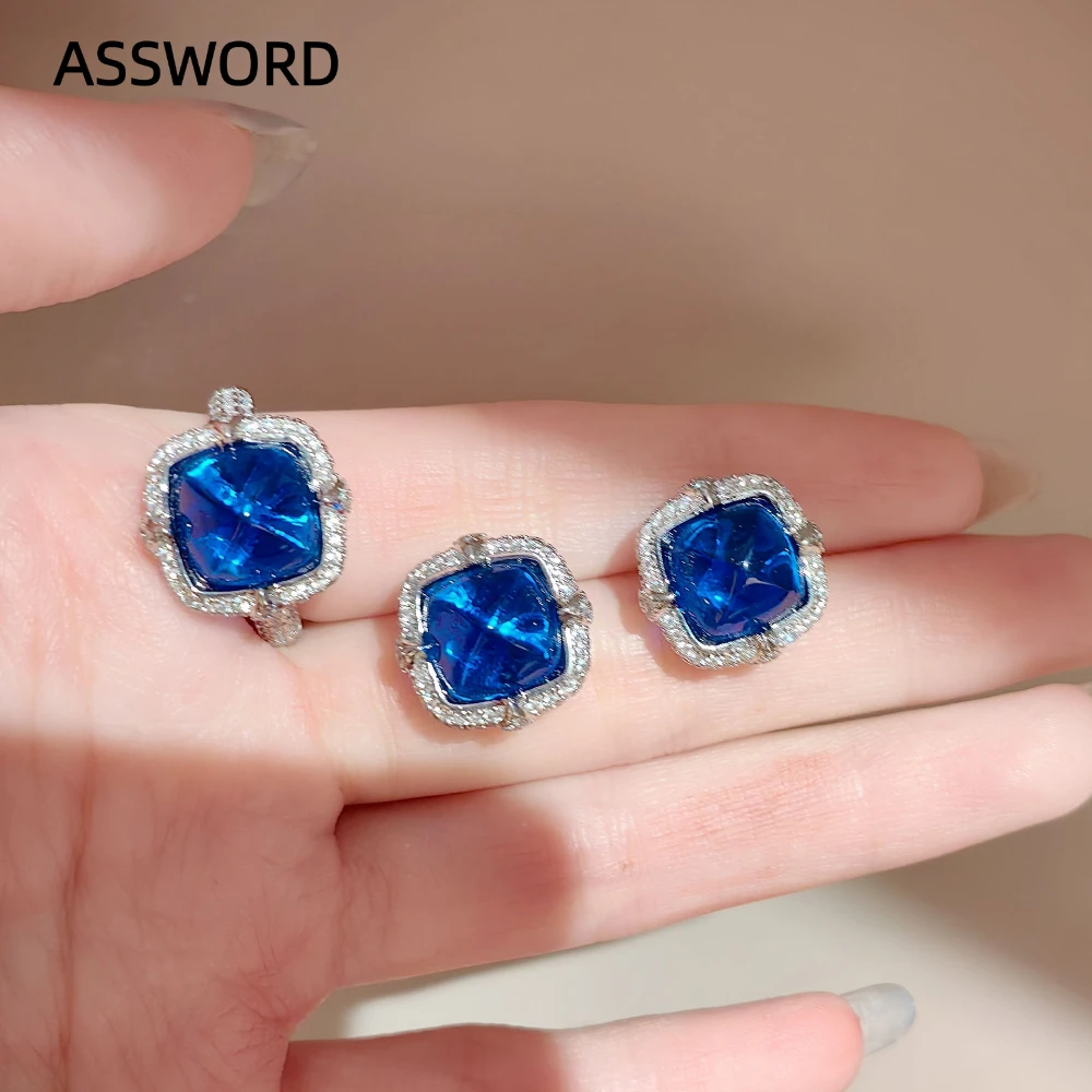 925 Sterling Silber Zucker-geschliffener Blauer CZ Schmuckset Damen Quadratische Ohrstecker Verstellbarer Ring Vintage Halo Party Schmuck Geschenk – Detail 2