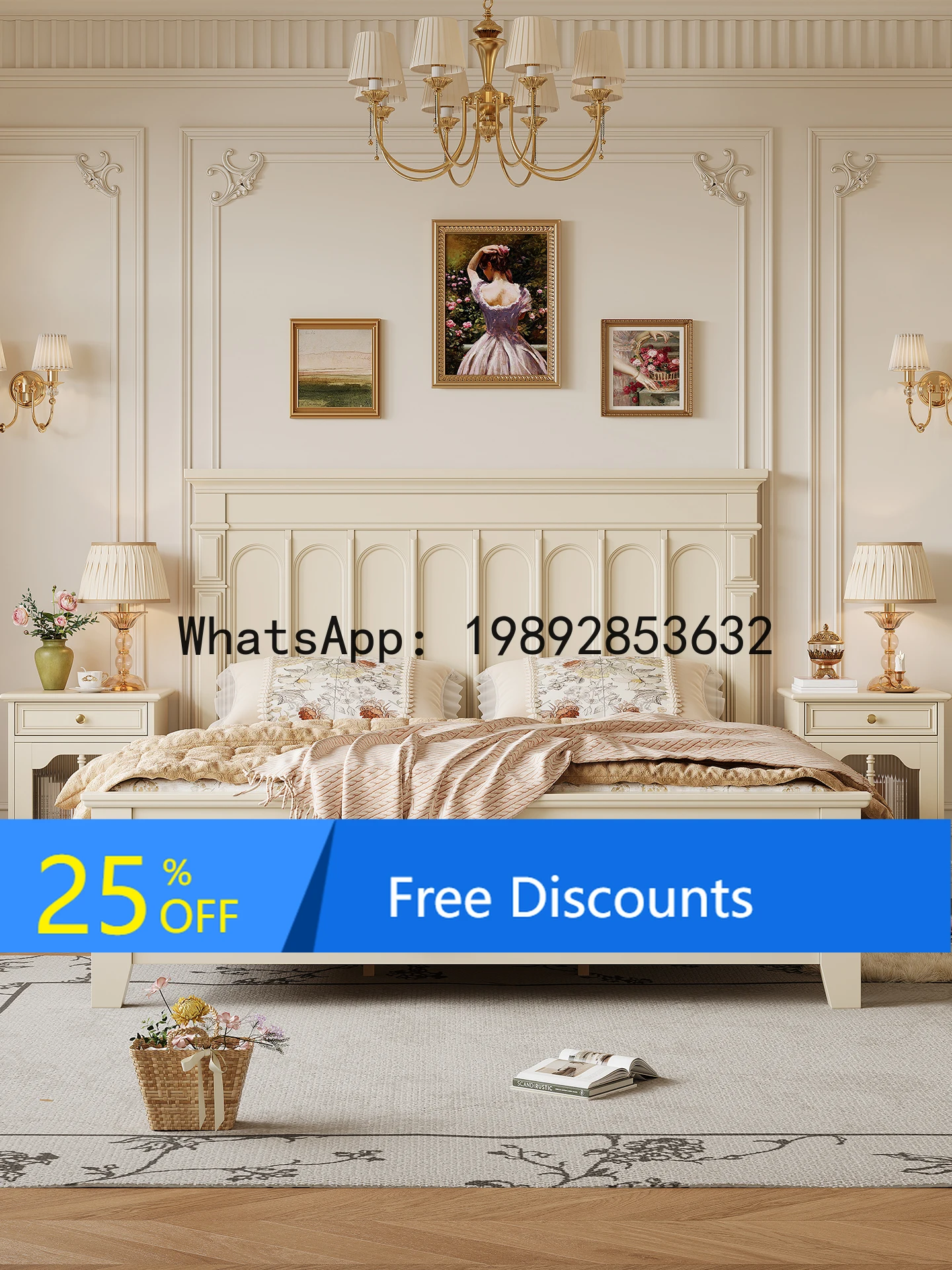 

YFY French Cream Style Solid Wood Bed 1.5M Home Bedroom Double Bed American Style White Master Bedroom Large Bed