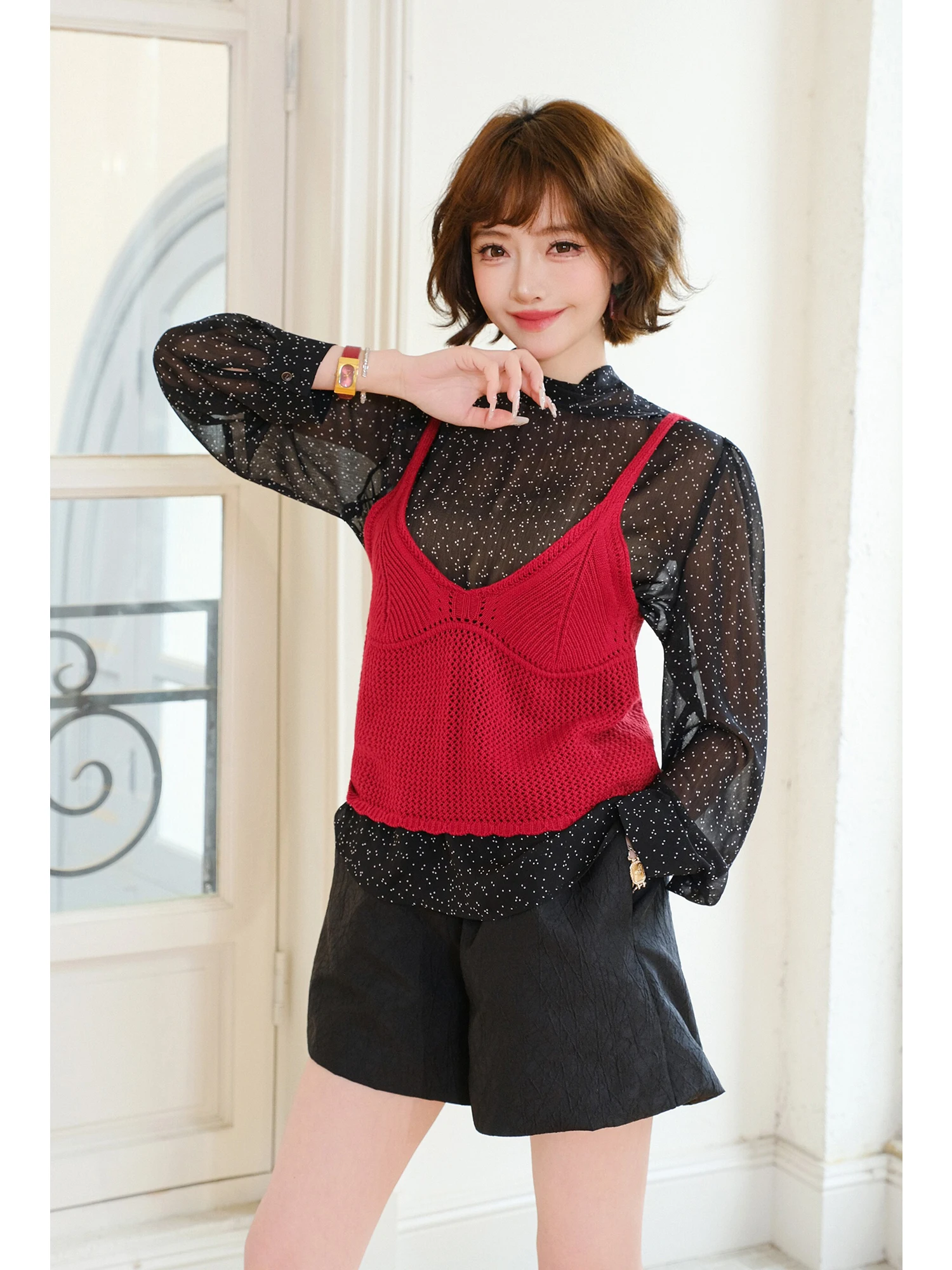 

MIUCO Red Vintage Knitted Crop Top Black Floral Chiffon Shirt Two-Piece Set Long Sleeve Breathable Skin-Friendly Casual Shirt
