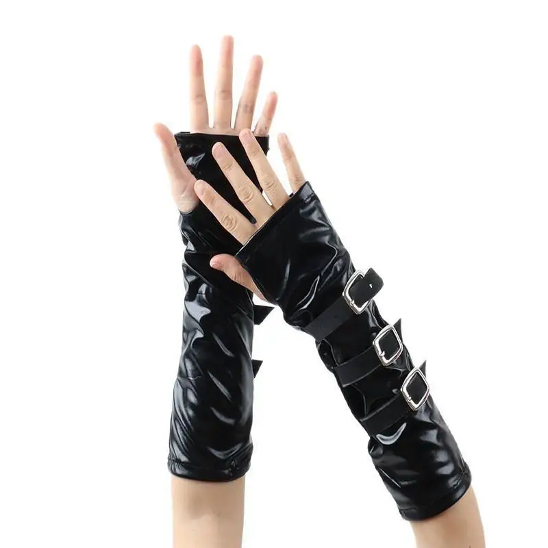 New Patent Leather Metal Buckle Lace-up Gloves, Dark Punk Gloves, Functional Half Halloween Costume Sleeves, Fashionable Gloves