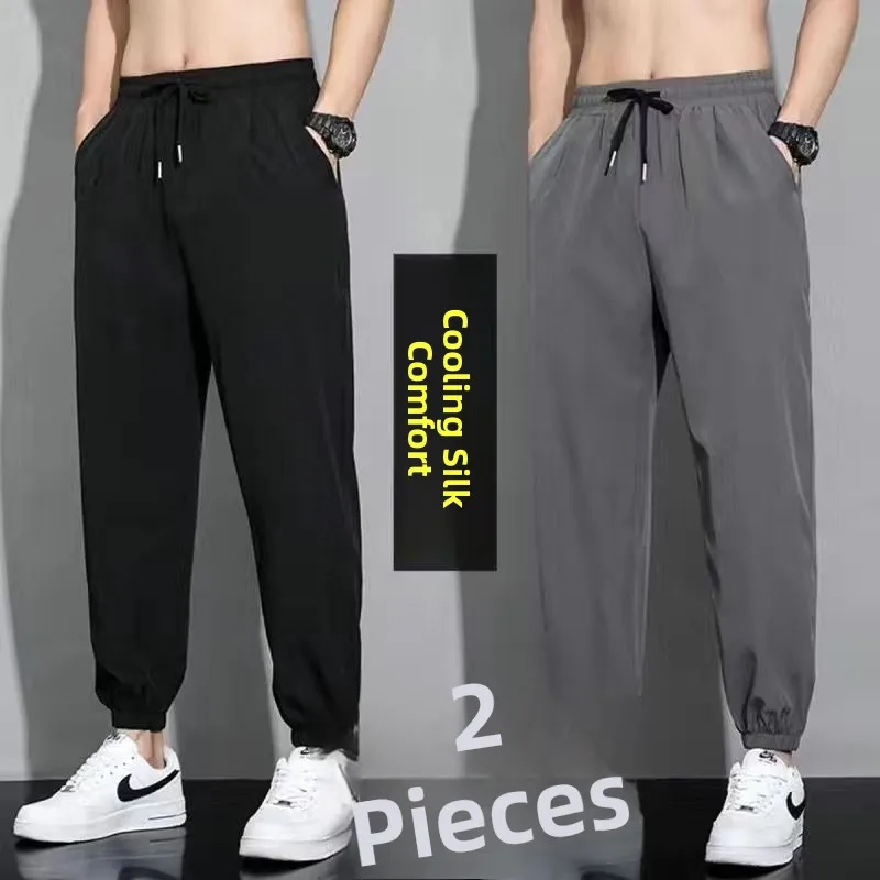 Pantaloni casual da uomo in seta di ghiaccio Cool Feeling Qui Dry Elastico Sottile Sport Pantaloni lunghi con risvolto All-Match Pantaloni leggeri estivi