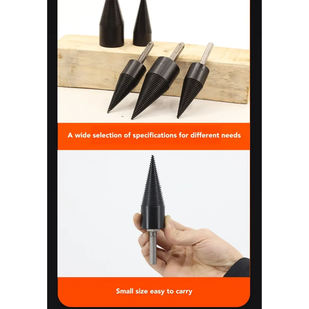 Black Firewood Log Splitter High Carbon Steel Heavy Duty Design Log Splitting Cone Bit Round Square Hex Shank