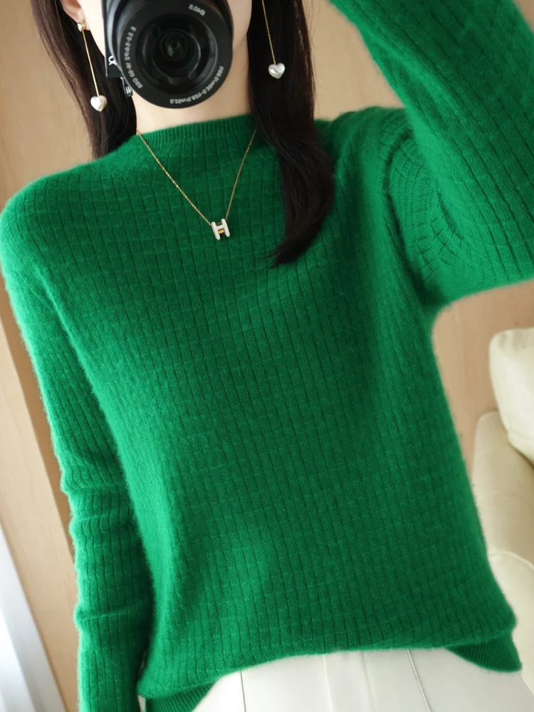 Women Basic 100% Merino Wool Sweater Mock Neck Pullover Long Sleeve Autumn Winter Solid  Cashmere Knitted Female Clothing