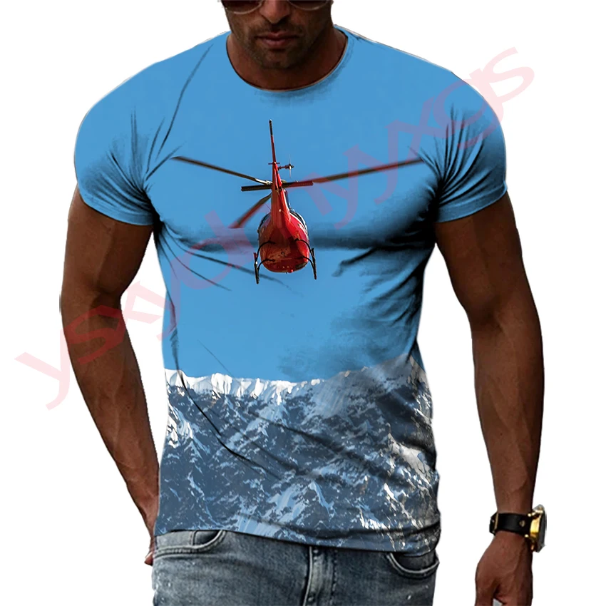 Summer Helicopter Pattern Men\'s T-shirt Hip Hop 3D Print Personality Neck Short Sleeve Fashion Clothes