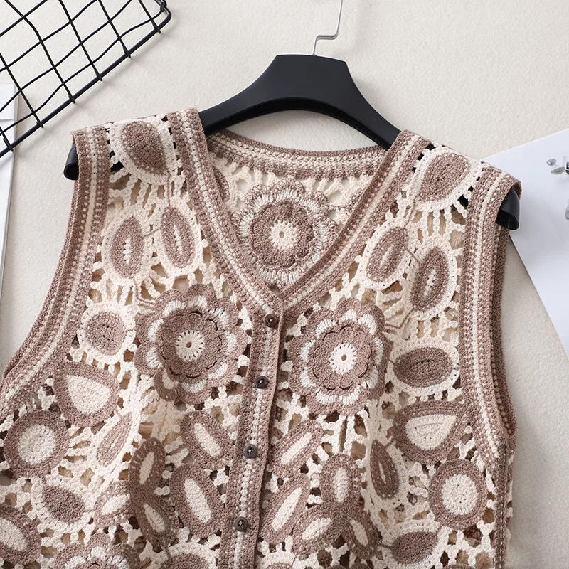 Women Casual New Vintage Hollow Out Crochet Crop Top Vest Embroidery Floral Sleeveless Jacket Cardigan Button Down Boho Top