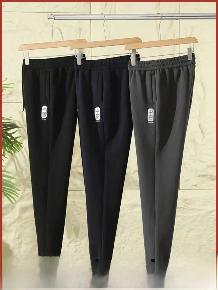 

Thiened Fce двусторонние мужские зимние повседневные спортивные штаны с эластичной резинкой на талии, универсальные спортивные штаны с вышивкой, теплый эластичный полиэстер