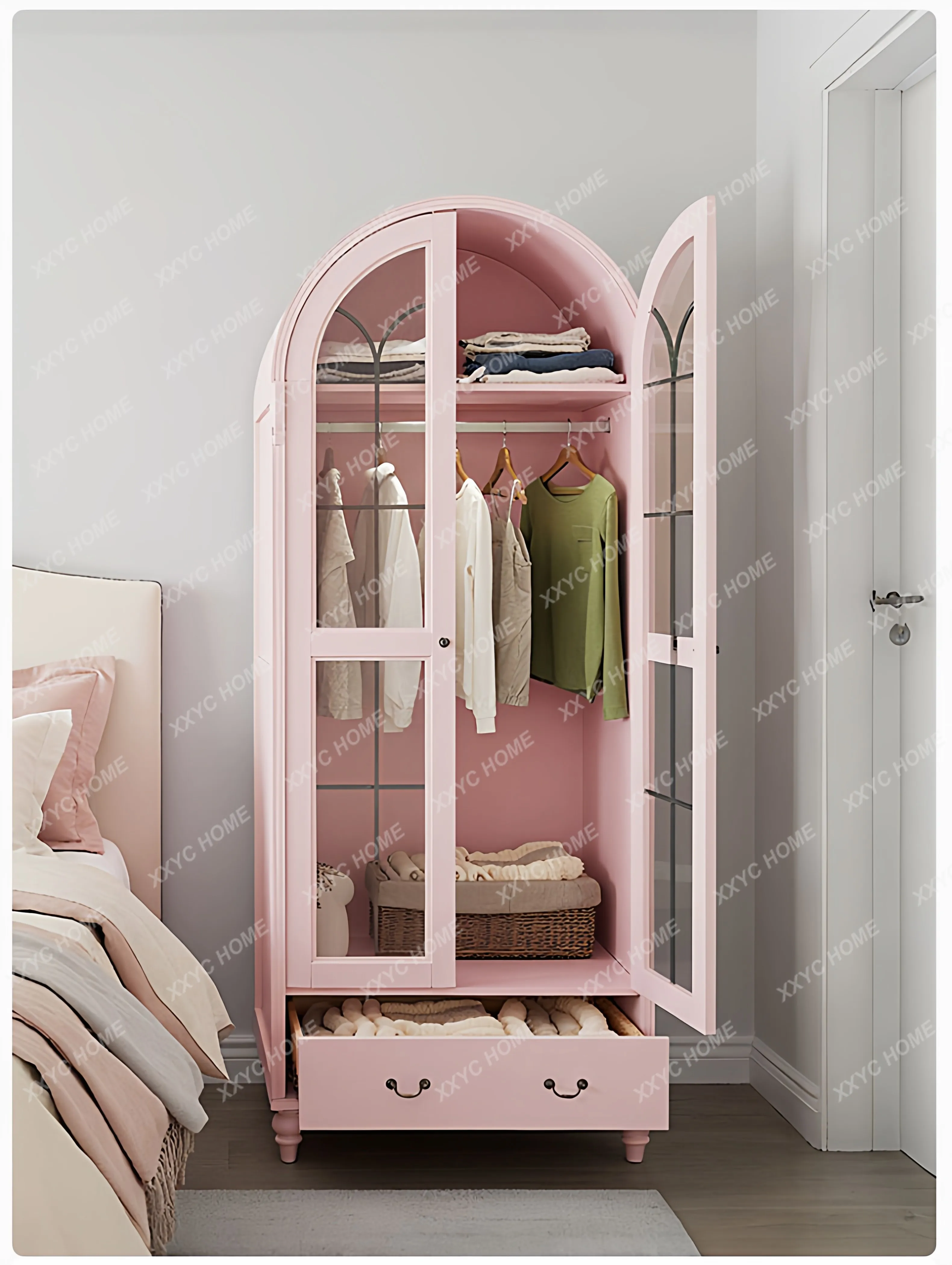 Pure solid wood small apartment arched wardrobe household bedroom independent storage wardrobe