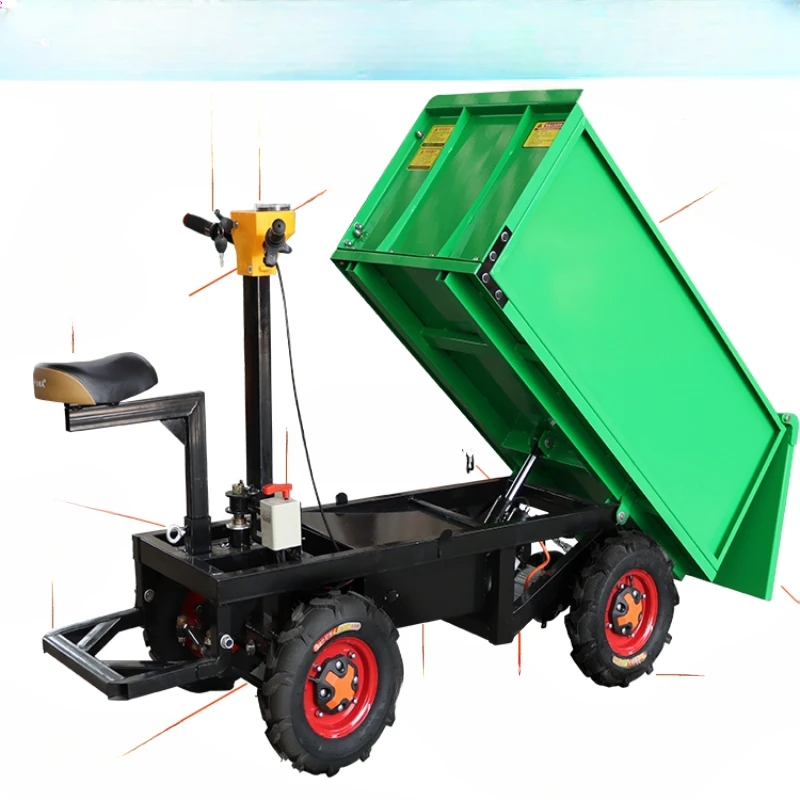 Four wheeled self dumping and three wheeled construction vehicles for transporting sand, mortar, brick, and farm manure