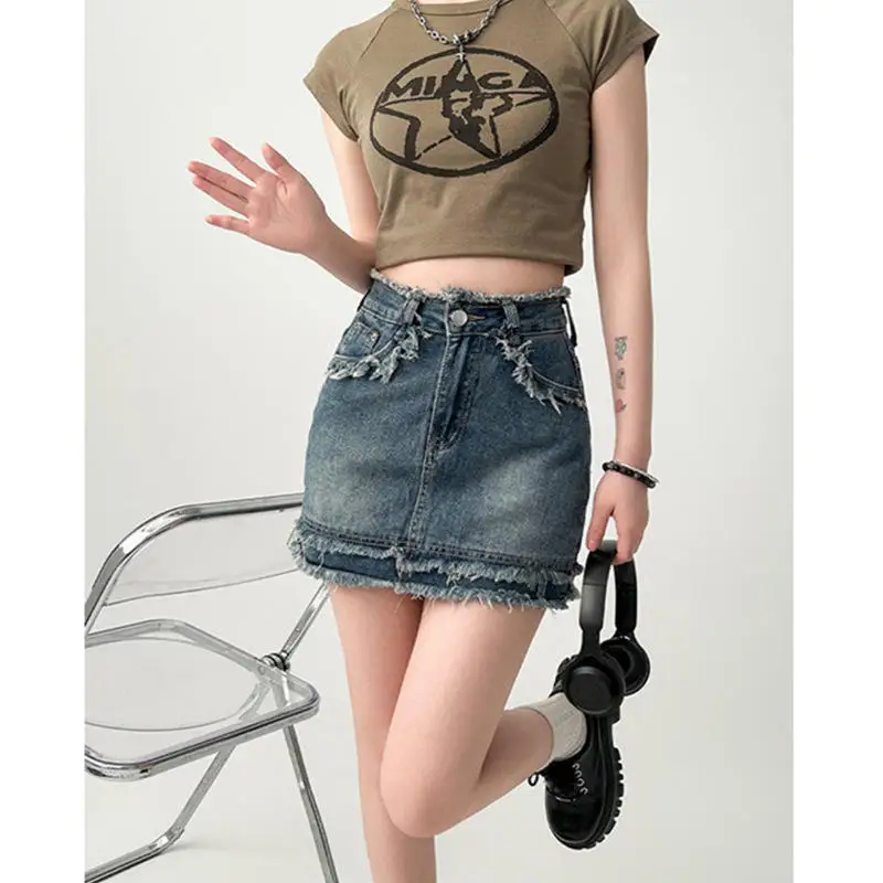 High Waist Short Denim Skirt Women's Spring Summer New Retro Korean Version Frayed   Skirt A-Line Skirt