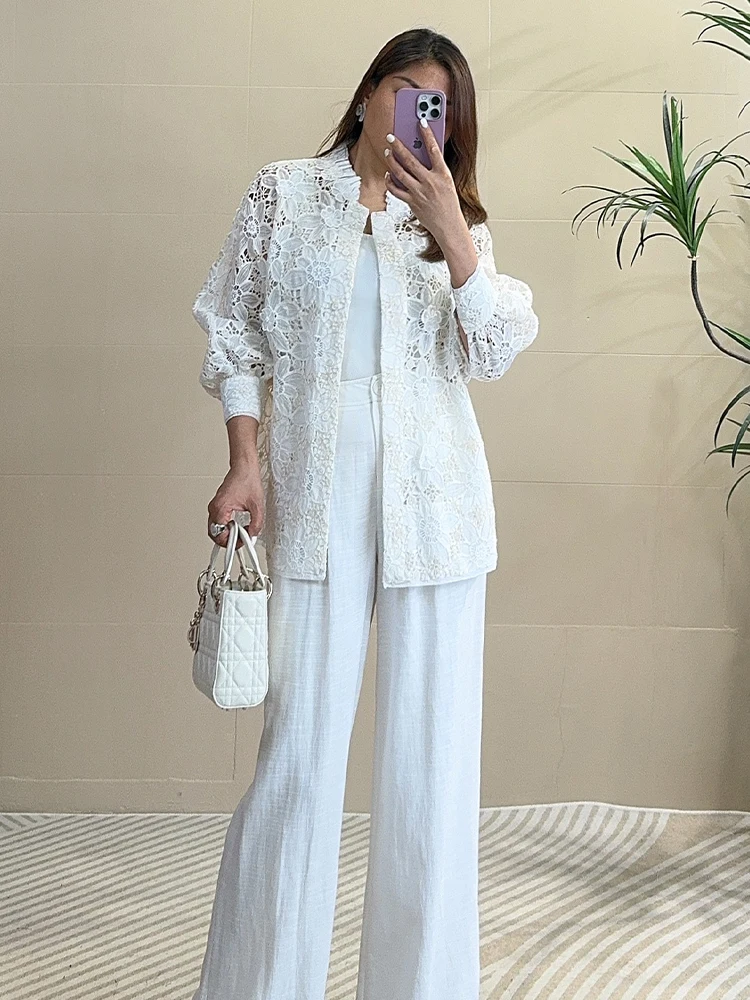 

Женская свободная блузка Tangmi Home с уникальным ажурным шелковым кружевом, длинными рукавами, на пуговицах, с воротником-стойкой