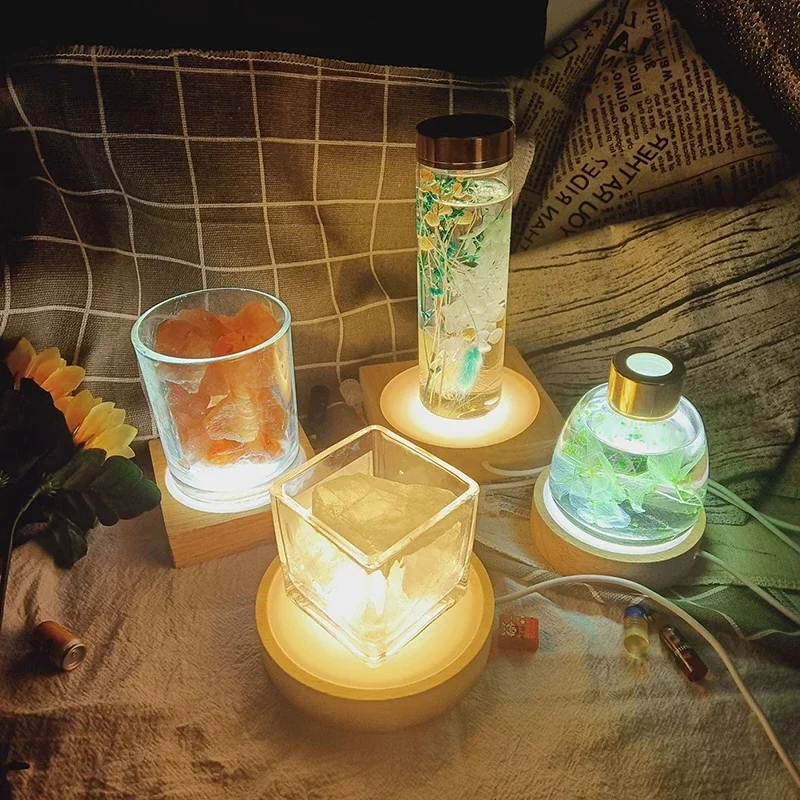 1-4 قطعة كريستال زجاج خشبي مصباح ليد قاعدة عرض الفن زخرفة خشبية ليلة قاعدة مصابيح المنزل مصباح ليد حامل عرض دوار #2