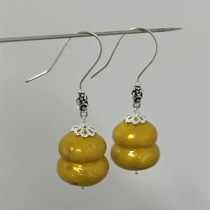 Original old material yellow pattern gourd earrings retro old silver hook earrings new Chinese style big paint gourd earrings