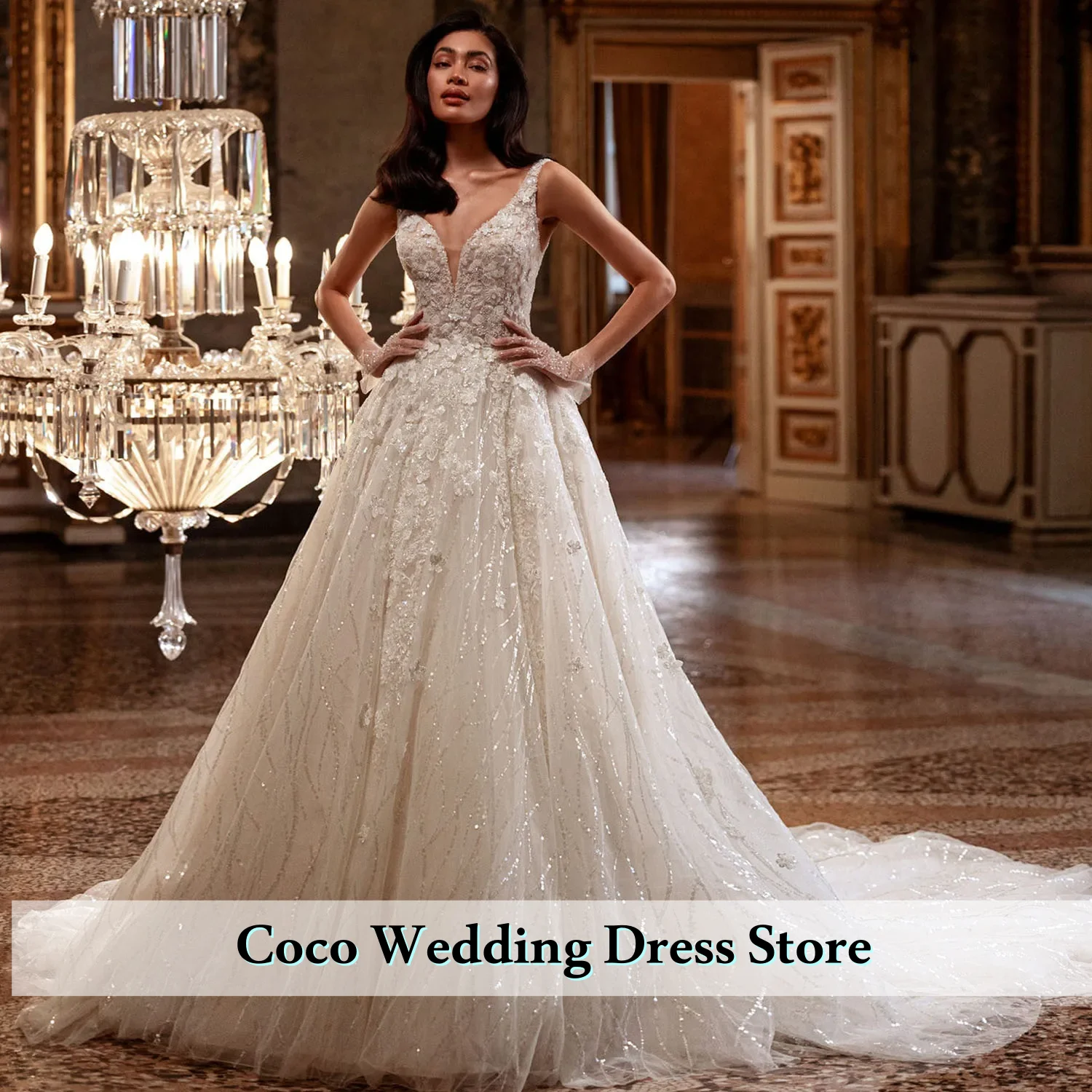 

Великолепное бальное платье с глубоким v-образным вырезом и открытой спиной, блестящие бусины, жемчуг и блестки, свадебное платье с Vestido De Noiva