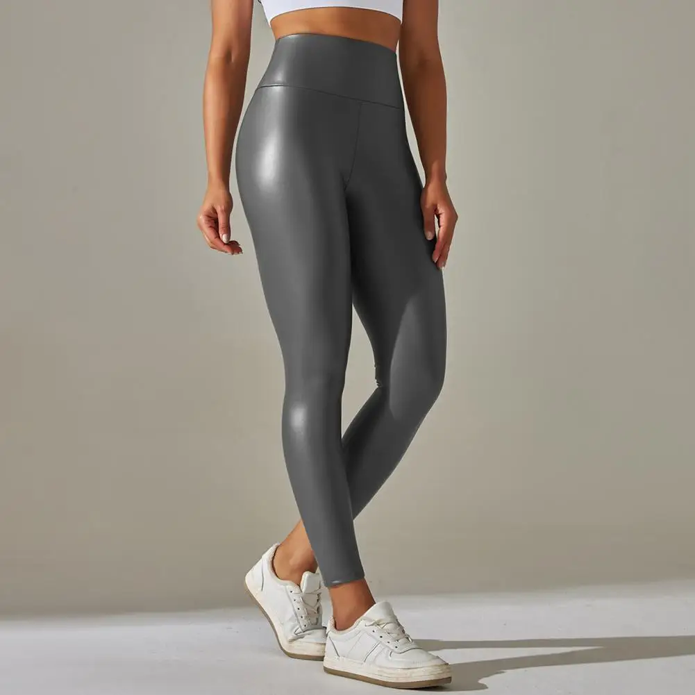 Pantalones de Yoga de cuero de imitación de cintura alta para mujer, pantalones transpirables elásticos levantados a tope, cintura elástica