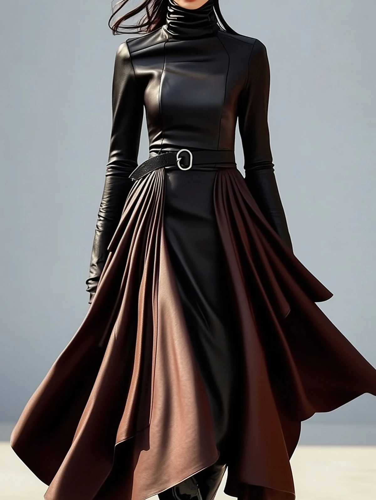 Vestido de una pieza de nuevo estilo, cuello alto, dobladillo Irregular, cinturón, vestido Midi de piel sintética para mujer, corte ajustado, ropa de fiesta de moda de alta gama