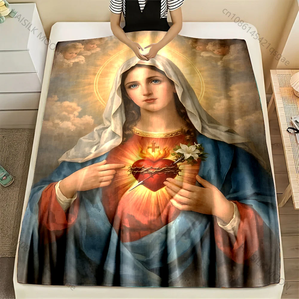 1PC Our Lady of the Sacred Heart Print Blanket Warm Soft Fluffy Kids and Adult Sofa Bed Throw Blanket Outdoor Travel Camping RV