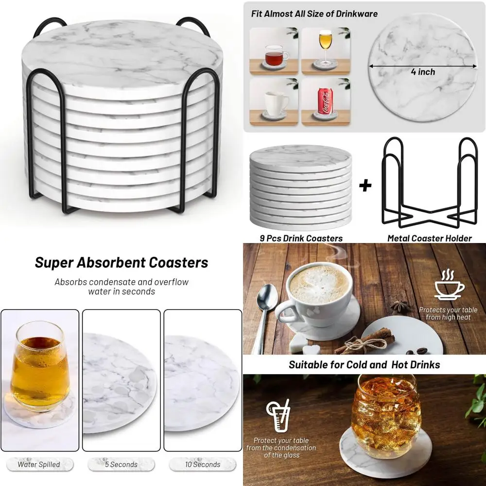 

9 pieces ceramic coasters for drinks with holder, absorbent drink coasters for coffee table, marble style coasters wooden table