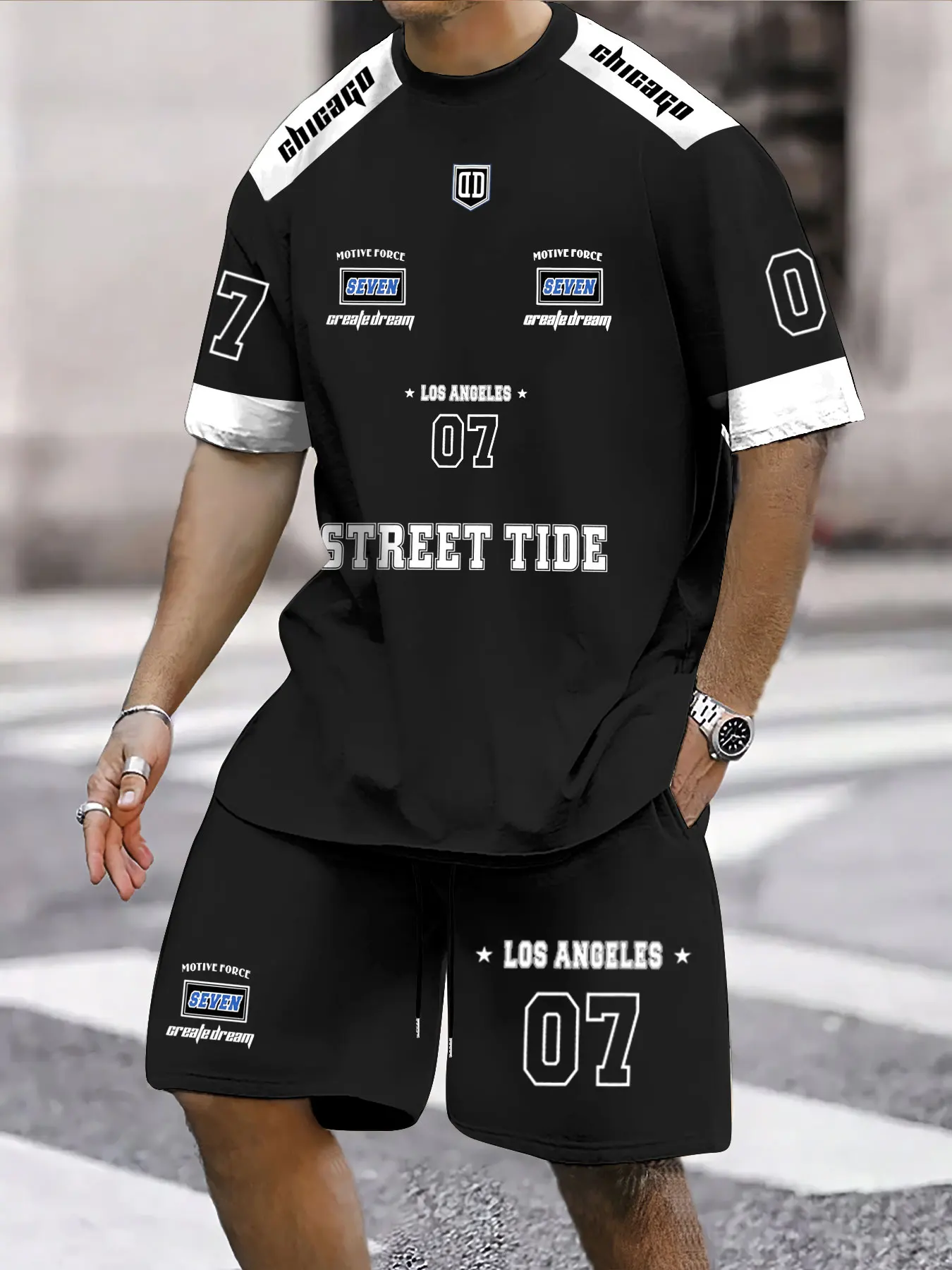 

Men's Urban Streetwear 2-Piece Set Street Tide Racing Letter Graphic Breathable Tee & Biker Shorts for Travel Workout Lounge