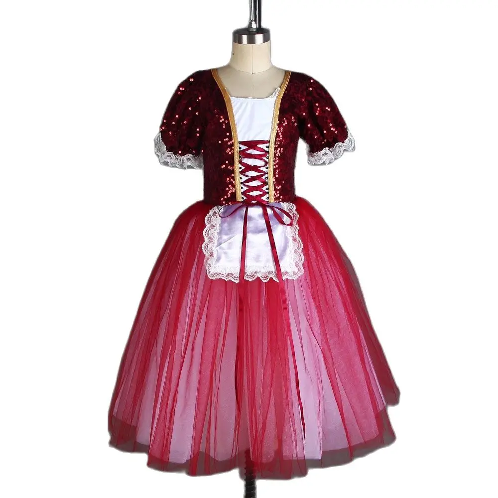 19846 All For Dance Dark Red Sequin Bodice Top With Red&White Tulle Ballet Dance Dress For Girls&Women Stage Performance