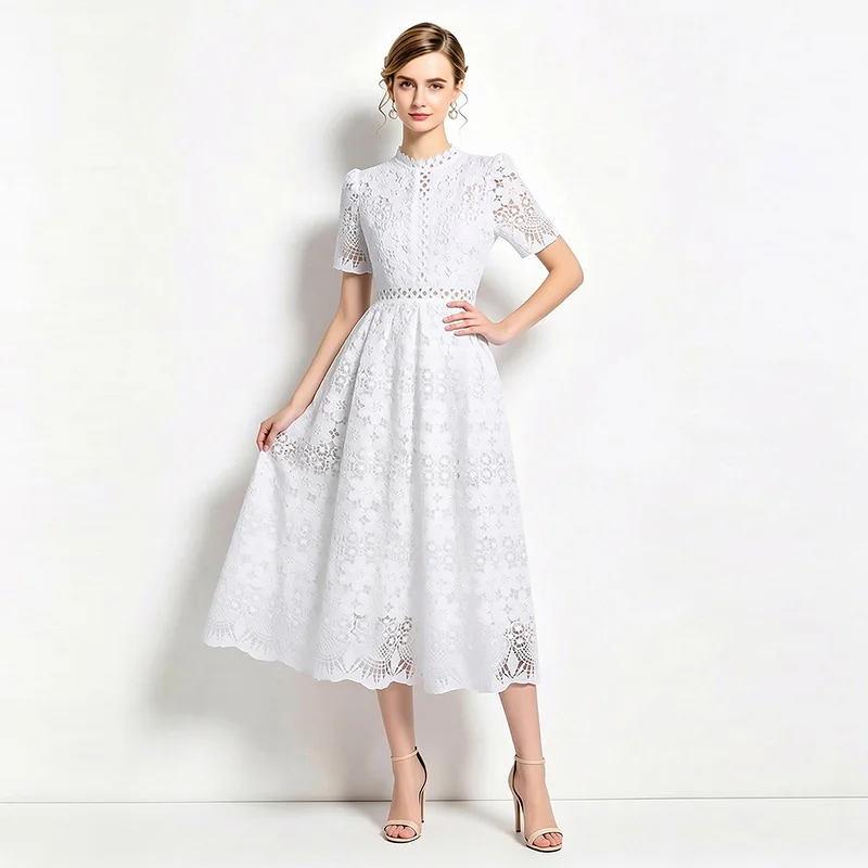 Vestido de Encaje Estilo Francés para Mujer, Manga Corta, Transparencias, Falda Línea A, Vestido de Cóctel, Noche, Formal, Verano