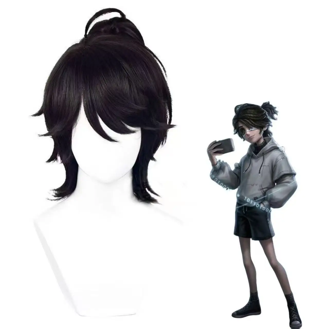 

1 piece of black top tied hair messy medium long hair fifth personality game e-sports prisoner role-playing wig