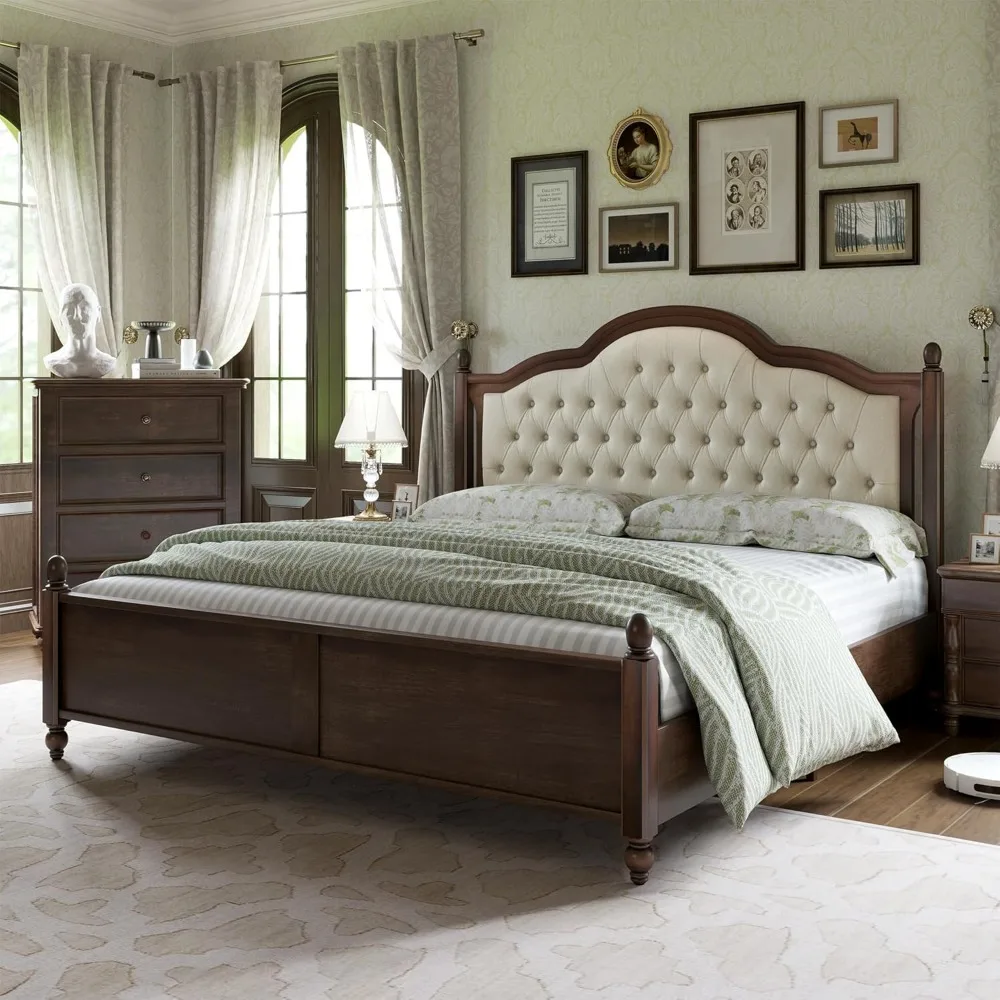 Cama de madeira maciça King Size, Cama Transicional Plataforma, 52,5 em Estofados, Cabeceira adornada, Rubberwood e romana