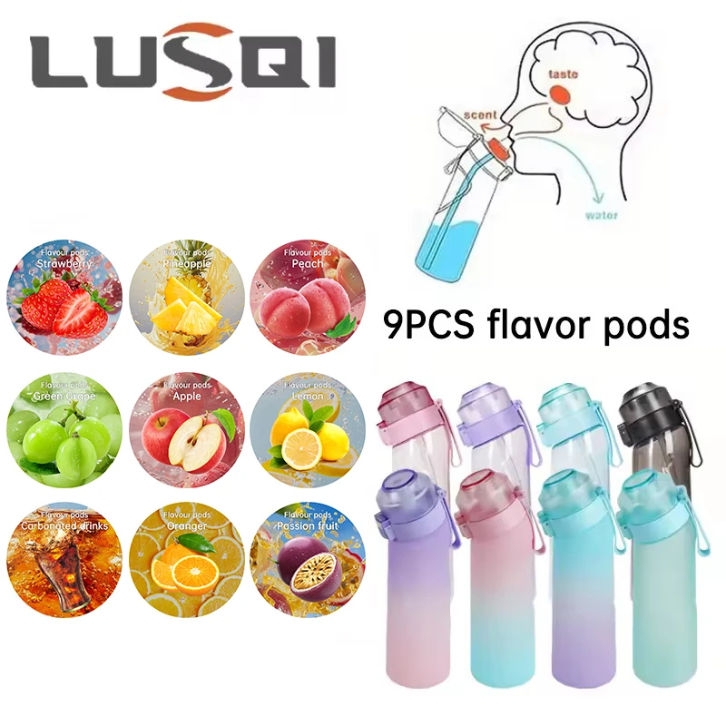 LUSQI 650ML Air Flavored Water Bottle With 9 Flavor Pods Sports Fashion Straw For Outdoor Sports Activities