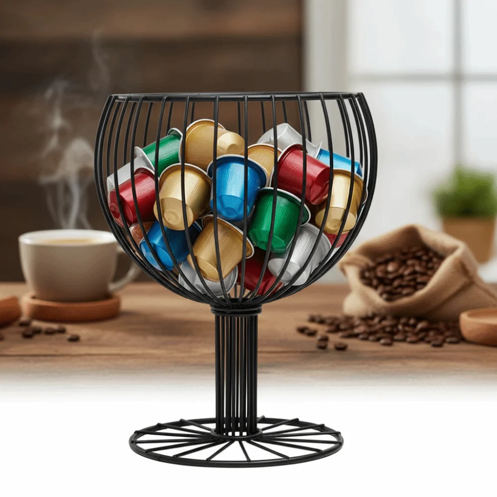 

New Red Wine Glass Shaped Coffee Pod Holder Iron Large Capacity Dessert Storage Basket Home Decor Fruit Basket Kitchen Storage