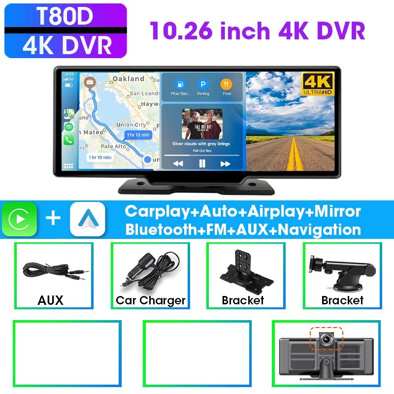 Srnubi 7/10.26 "draadloos Carplay-scherm voor auto, Android Auto Dash Cam 4K auto DVR, 1080P achteruitrijcamera, navigatie videorecorder, AUX