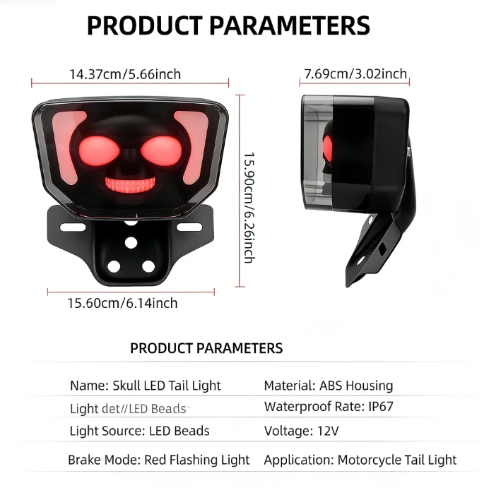 12v new model motorcycle skull-shaped multi-mode LED tail light, brake light and turn signal integrated with breathing light