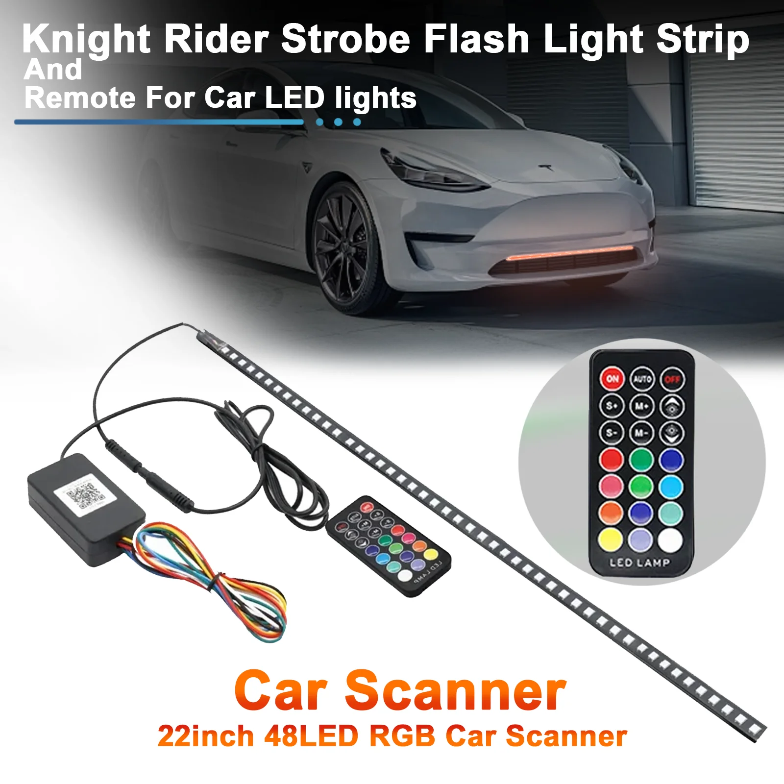 

22inch 48LED RGB Car Scanner Knight Rider Strobe Flash Light RGB Flash Rhythm Recognition Light Strip with Remote Control