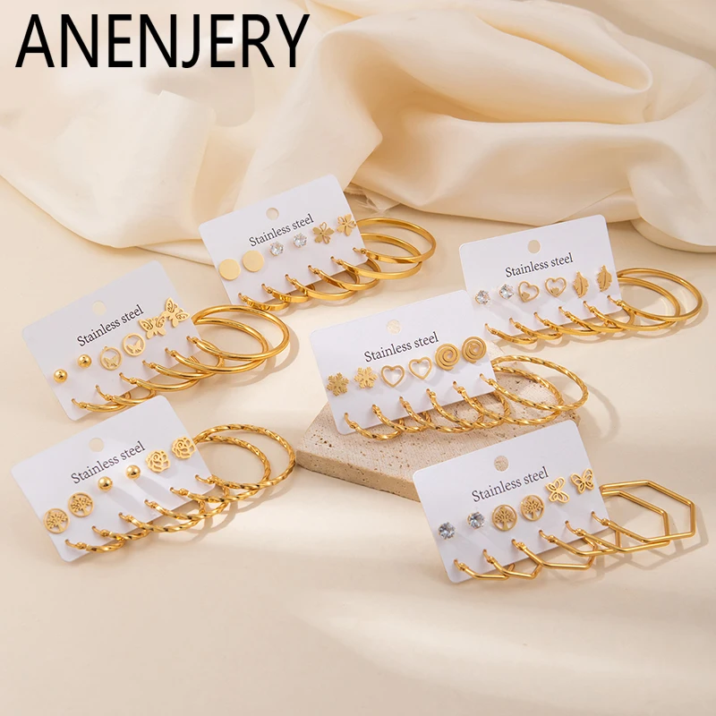ANENJERY 316L Edelstahl Kreisförmige Perlen Stern Blume Herz Zirkon Ohrringe Für Frauen Einfache Art Und Weise Neue Schmuck Großhandel