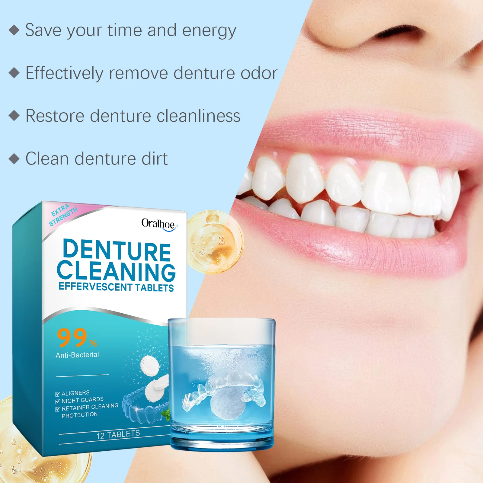 Oralhoe Denture Cleaning Tablets - Gentle Clean Fresh Breath Portable Daily Hygiene for False Teeth Oral Care view 4